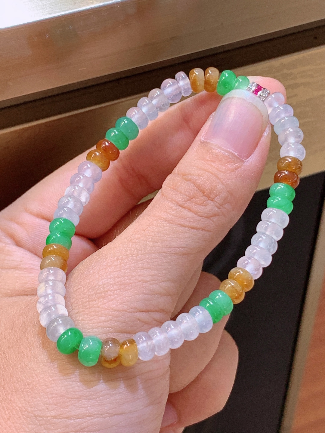 三彩算盘珠手串，种老色艳，配色灵动，多彩纳福