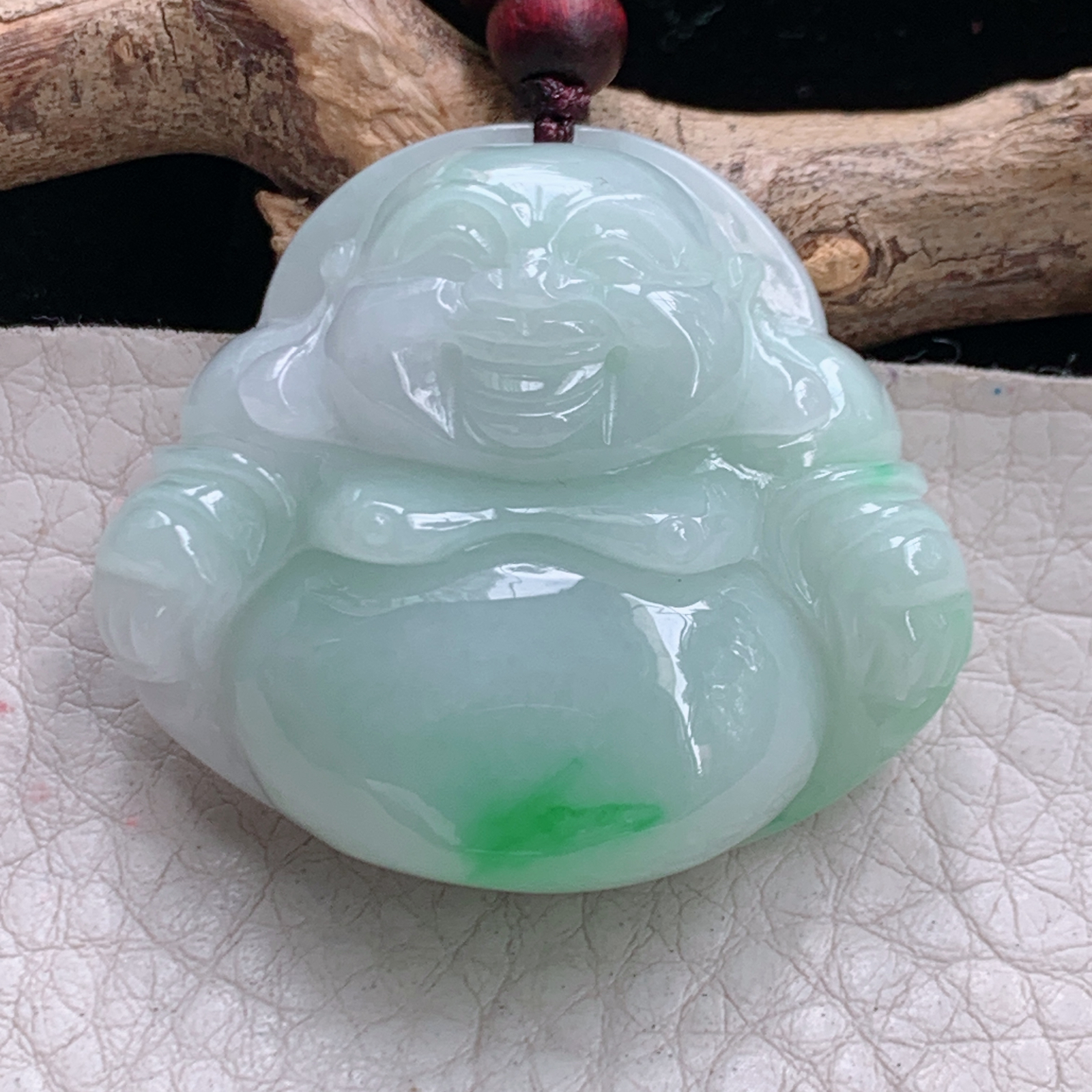 zen实拍35*39.7*12.3缅甸翡翠高品质饱满白底青佛公 弥勒佛玉吊坠