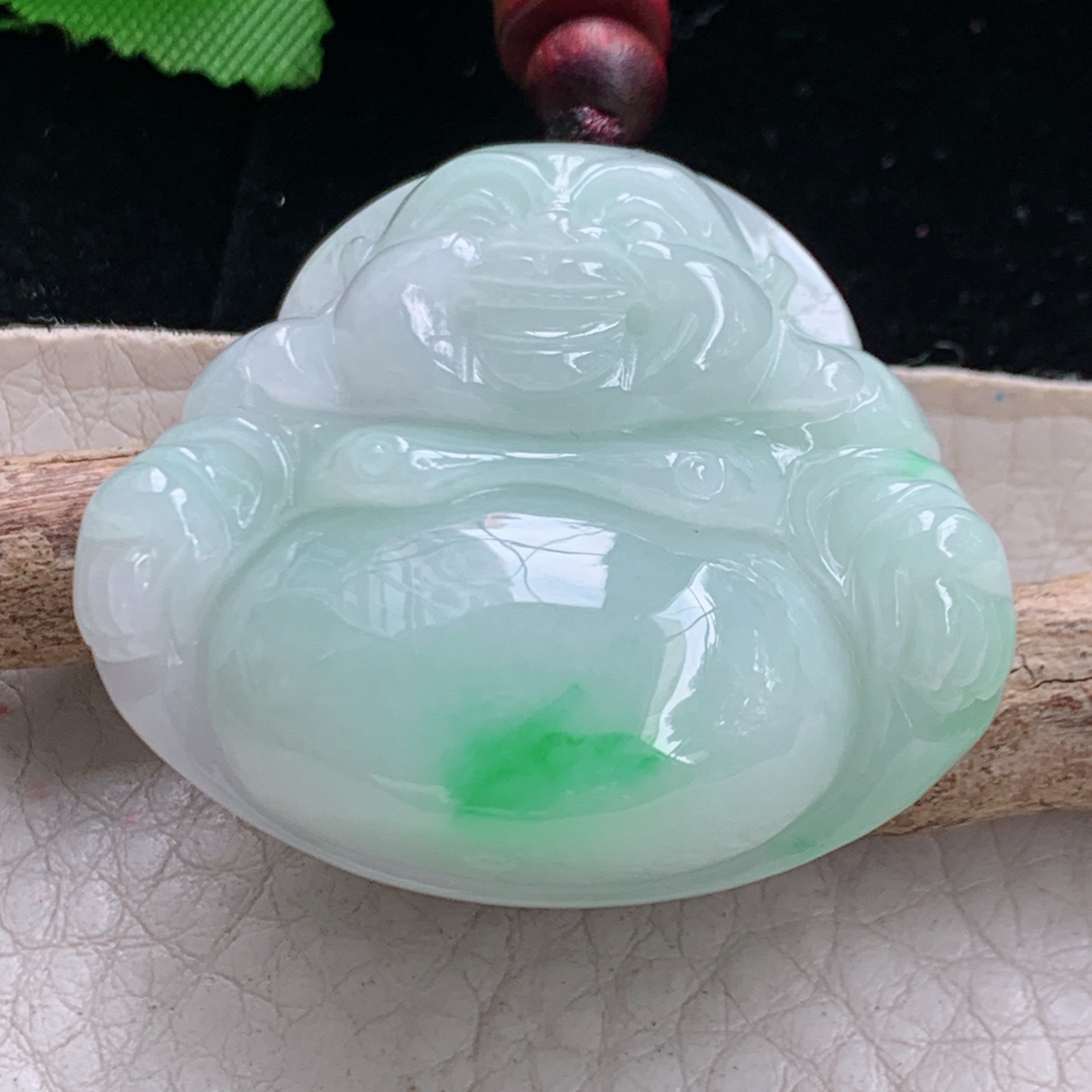 zen实拍35*39.7*12.3缅甸翡翠高品质饱满白底青佛公 弥勒佛玉吊坠