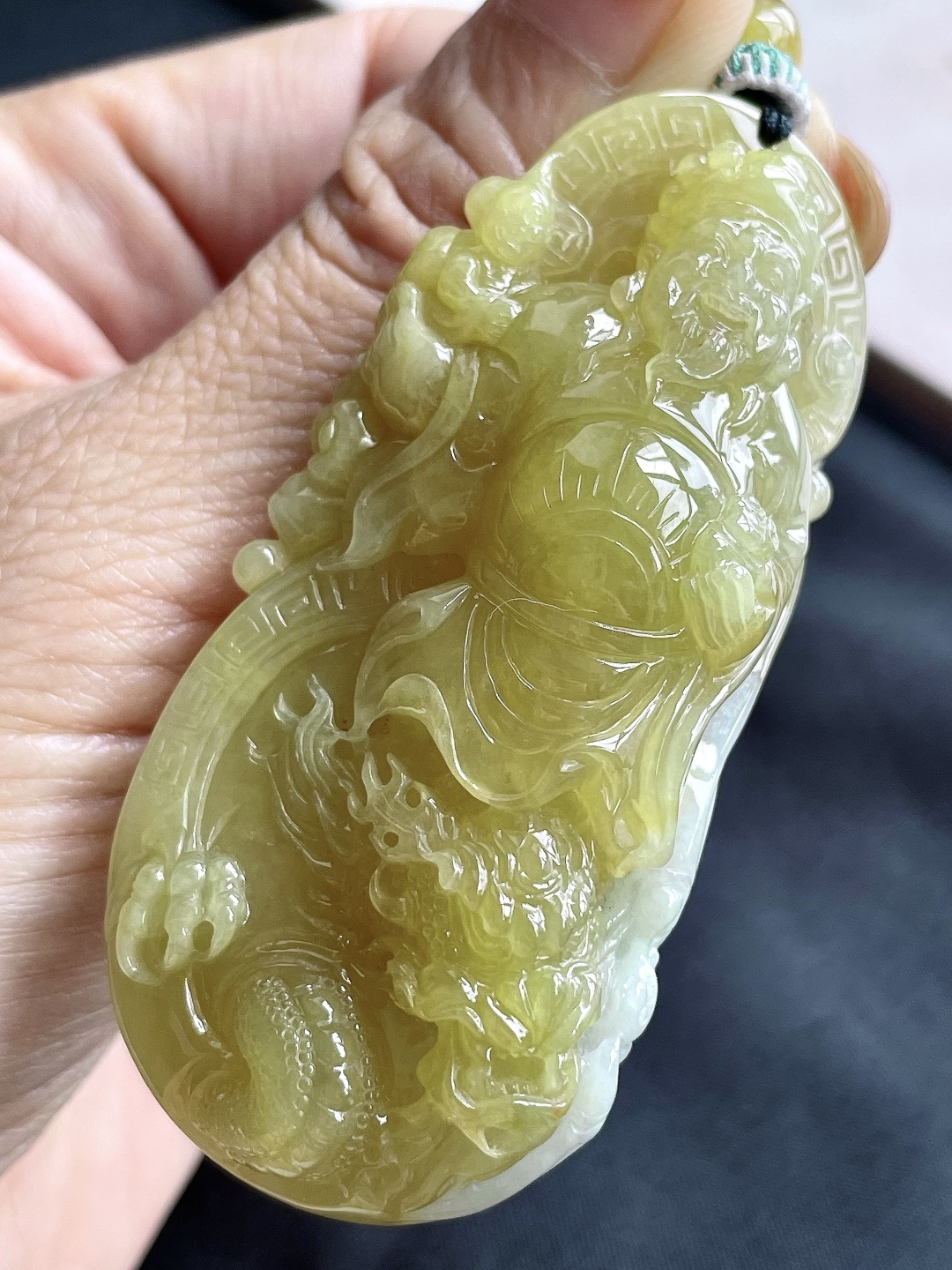 冰黄翡御龙财神爷牌吊坠,缅料,无裂,性比高,超厚,尺寸69.2-32.2-16.5,重量58克