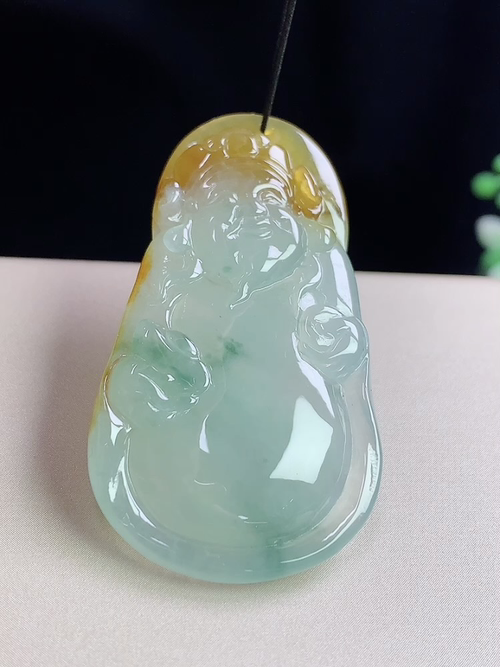 冰飘黄翡财神爷，无裂，尺寸46-25.8-6.3mm，j04jxg