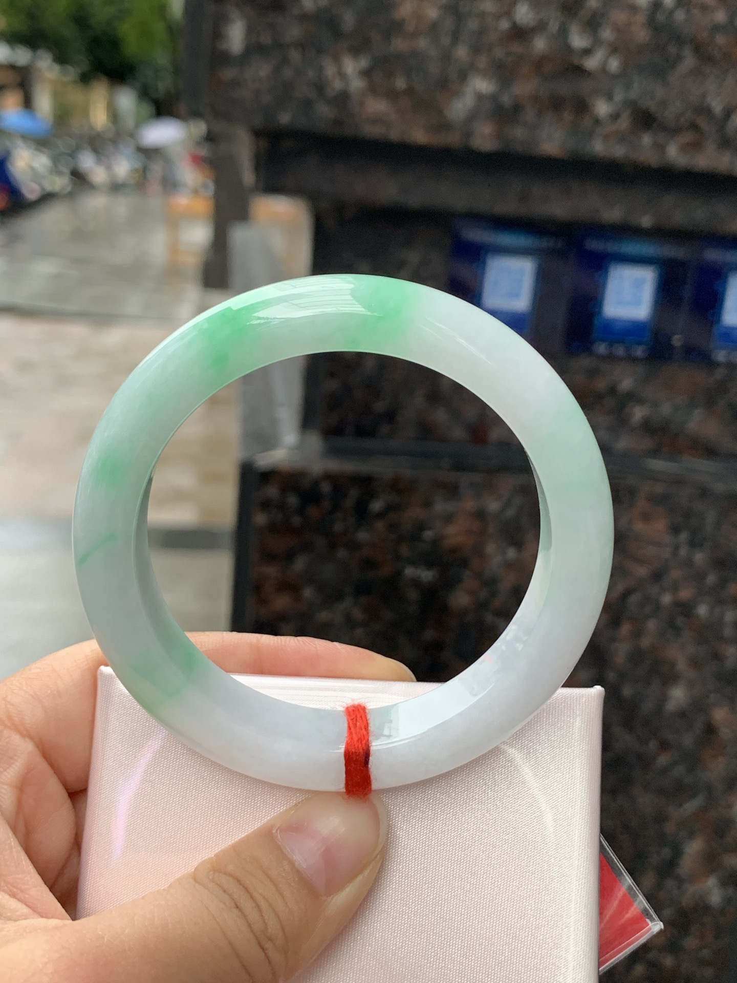 白底青正圈, 0423-N521, 无裂，底妆细腻，阳绿花点缀腕间风华，干净纯净的底色上，一抹翠色肆意流淌，宛如春日里的繁华盛景