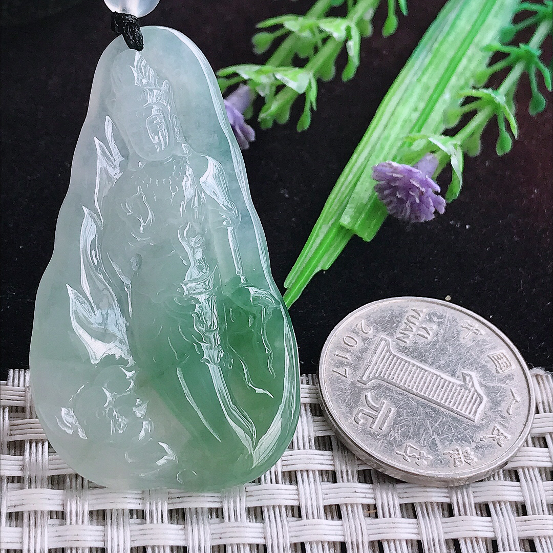 实拍A货翡翠48.7/28.3/5.6老坑冰胶飘绿赐福观音吊坠翡翠玉坠