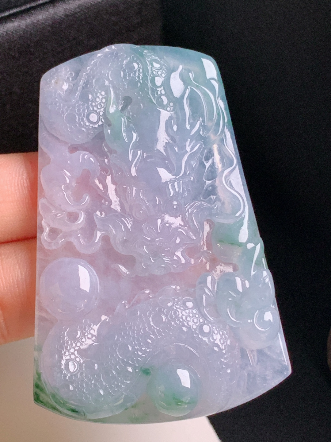 冰飘花紫底龙牌，冰润通透，精工霸气，龙行大运，裸石64-41.5-7.5