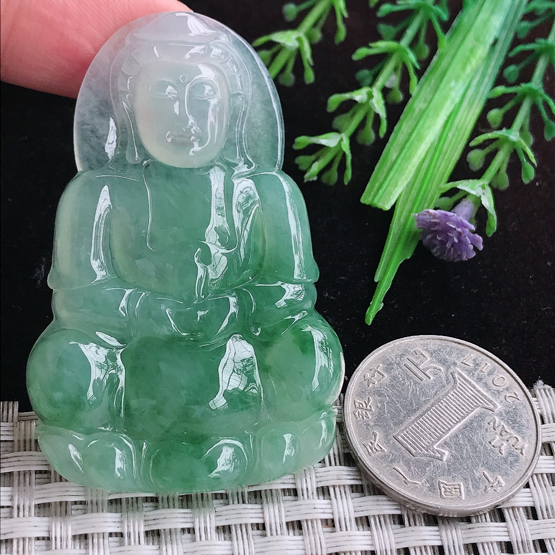 实拍A货翡翠57.6/38/5.3老坑冰胶果冻冰晴满绿观音菩萨吊坠翡翠正装观音