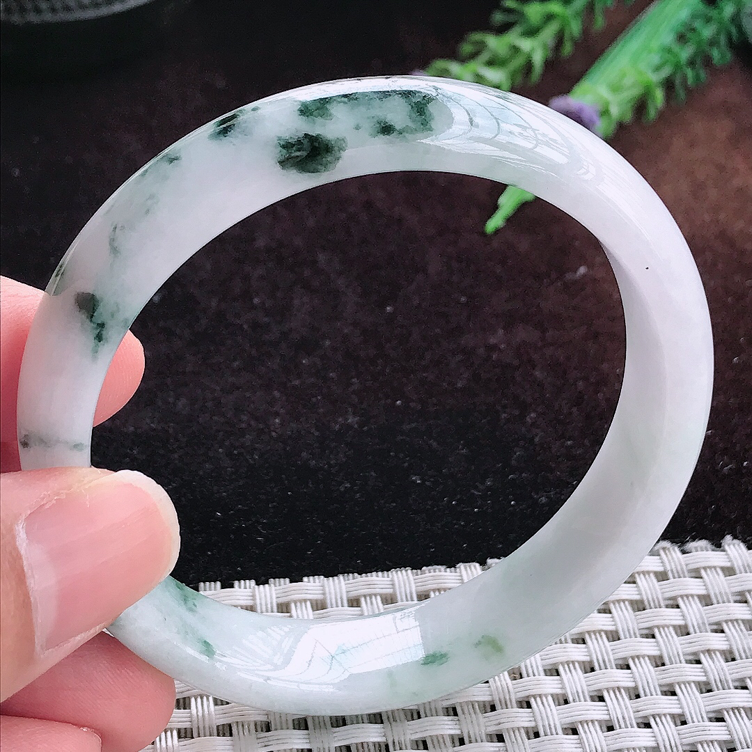 实拍A货翡翠57/13.2/7老坑温润飘花手镯宽边玉镯平安镯