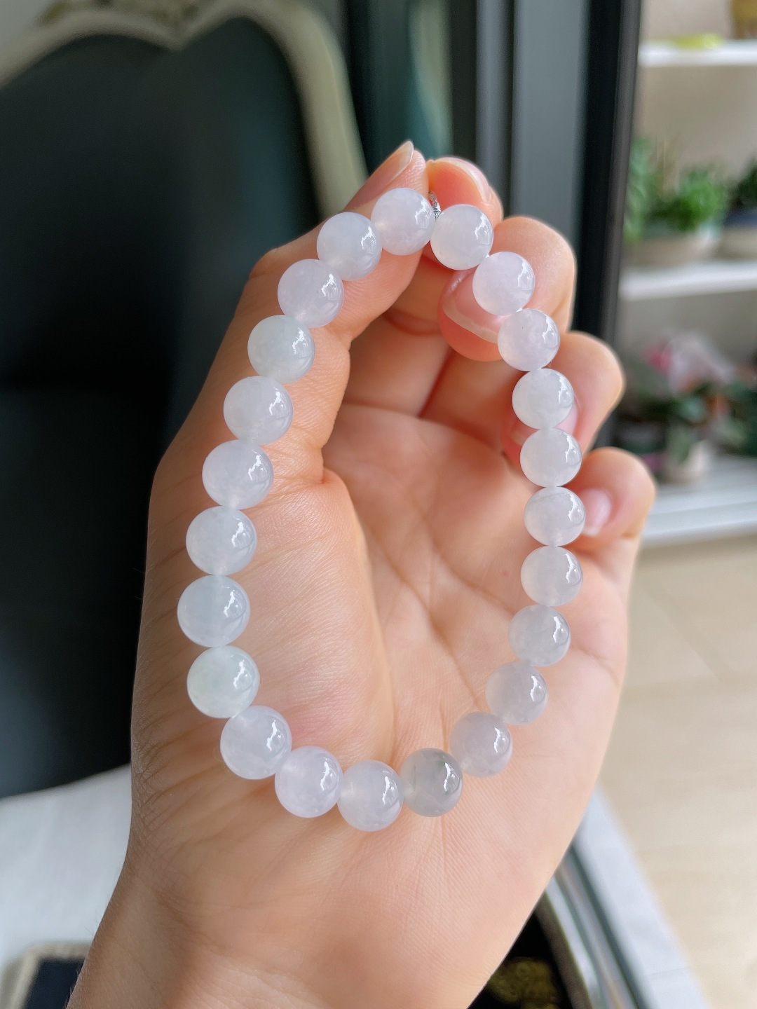 ️，缅甸天然翡翠A货，白冰手串，尺寸：8mm。【编4612】