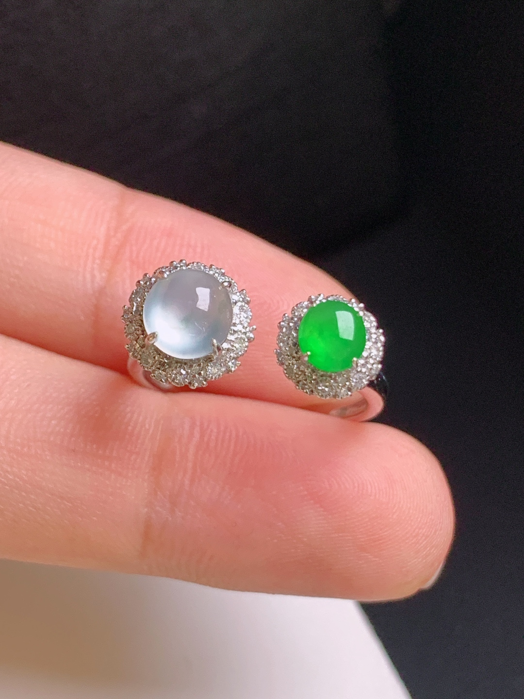 冰种绿双蛋面戒指，种水通透，色泽明艳，精致百搭，裸石6.5-3.2，圈口14