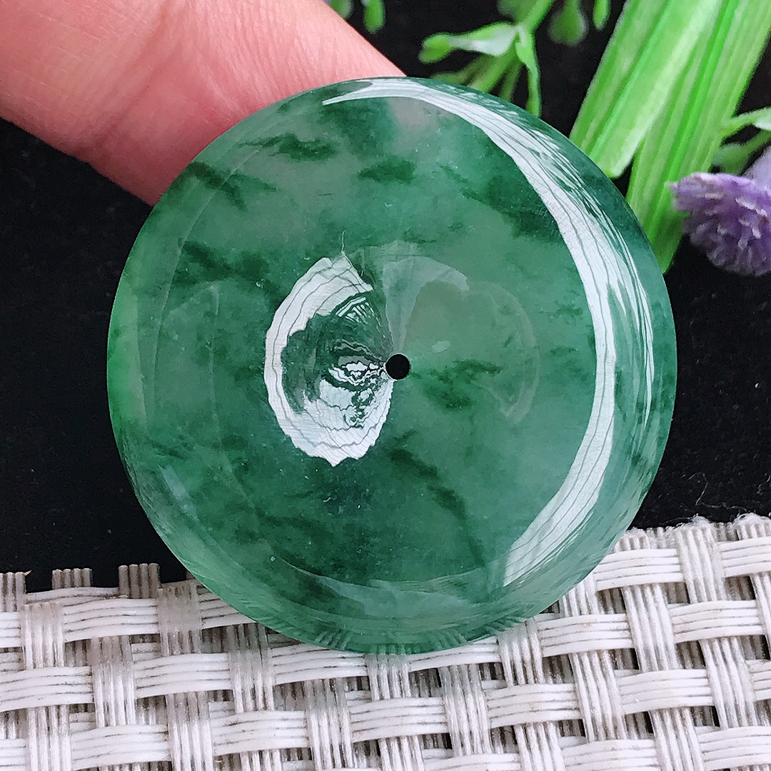 实拍A货翡翠34.9/6.2老坑冰胶果冻冰飘花大平安扣吊坠翡翠玉扣挂件