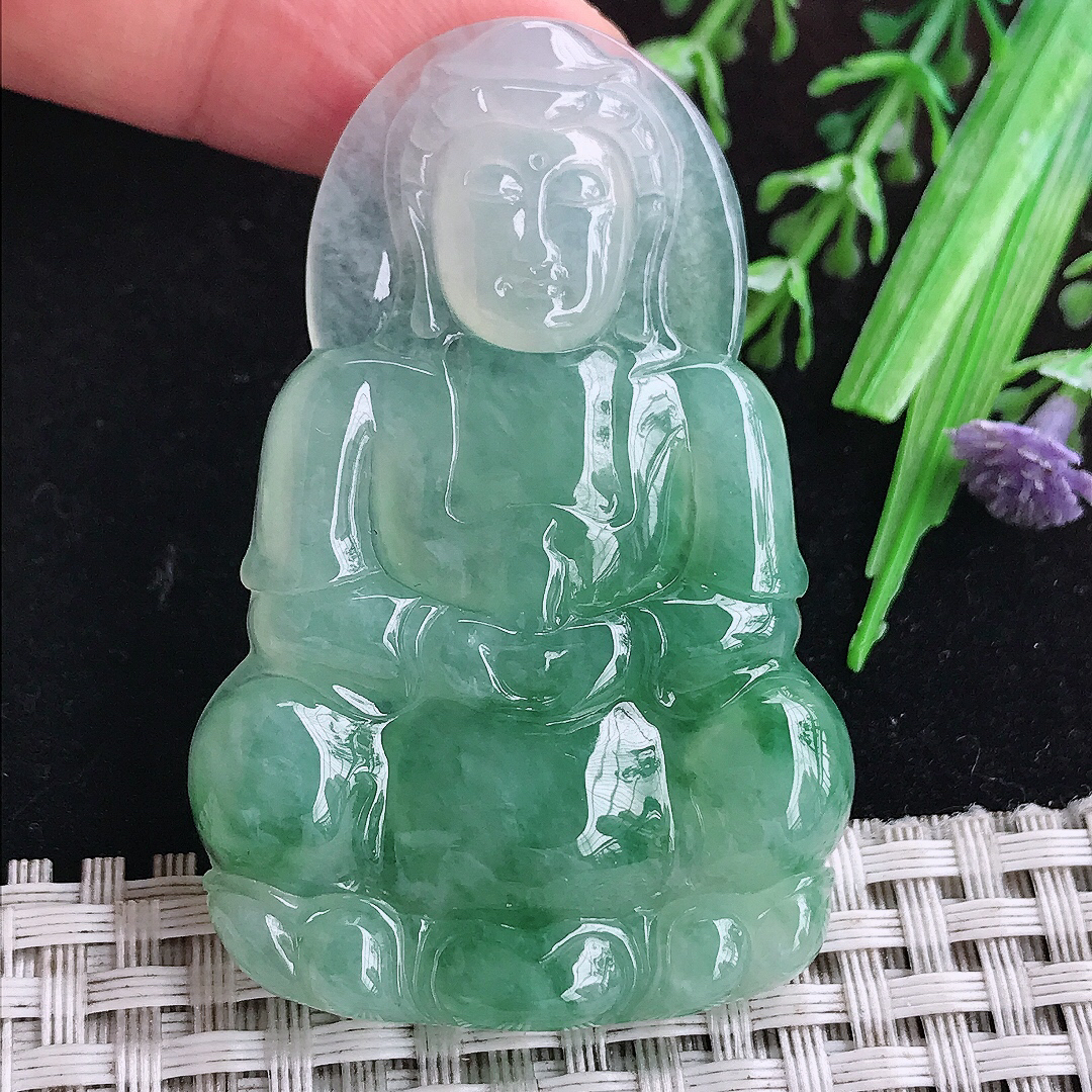 实拍A货翡翠57.6/38/5.3老坑冰胶果冻冰晴满绿观音菩萨吊坠翡翠正装观音