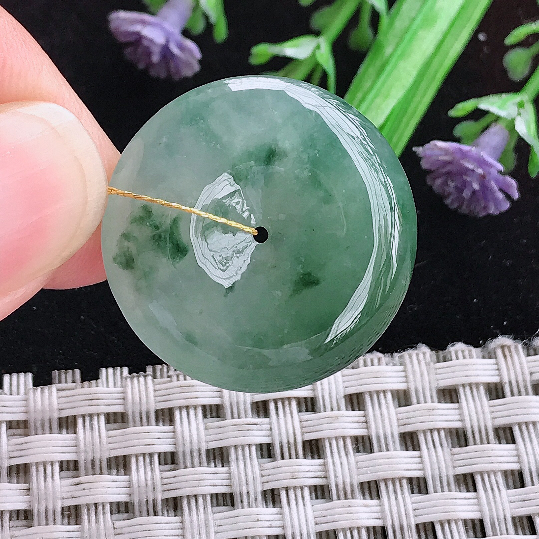 实拍A货翡翠25/5.8老坑冰胶飘花小平安扣吊坠翡翠玉坠挂件
