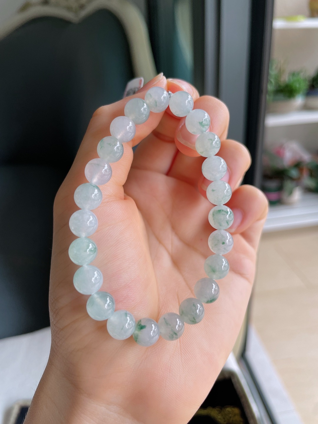 ️，缅甸天然翡翠A货，冰飘花手串，尺寸：8mm。【编4616】