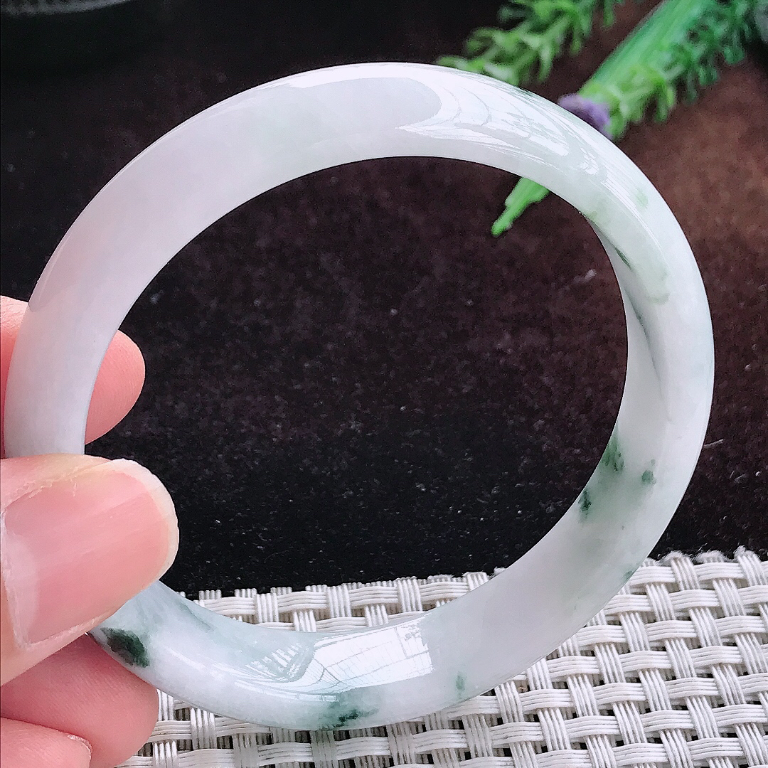 实拍A货翡翠57/13.2/7老坑温润飘花手镯宽边玉镯平安镯