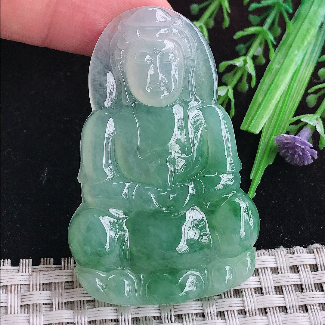 实拍A货翡翠57.6/38/5.3老坑冰胶果冻冰晴满绿观音菩萨吊坠翡翠正装观音