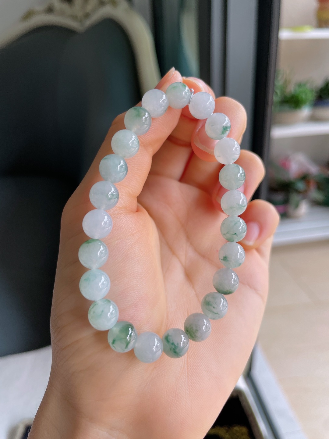 ️，缅甸天然翡翠A货，冰飘花手串，尺寸：8mm。【编4615】