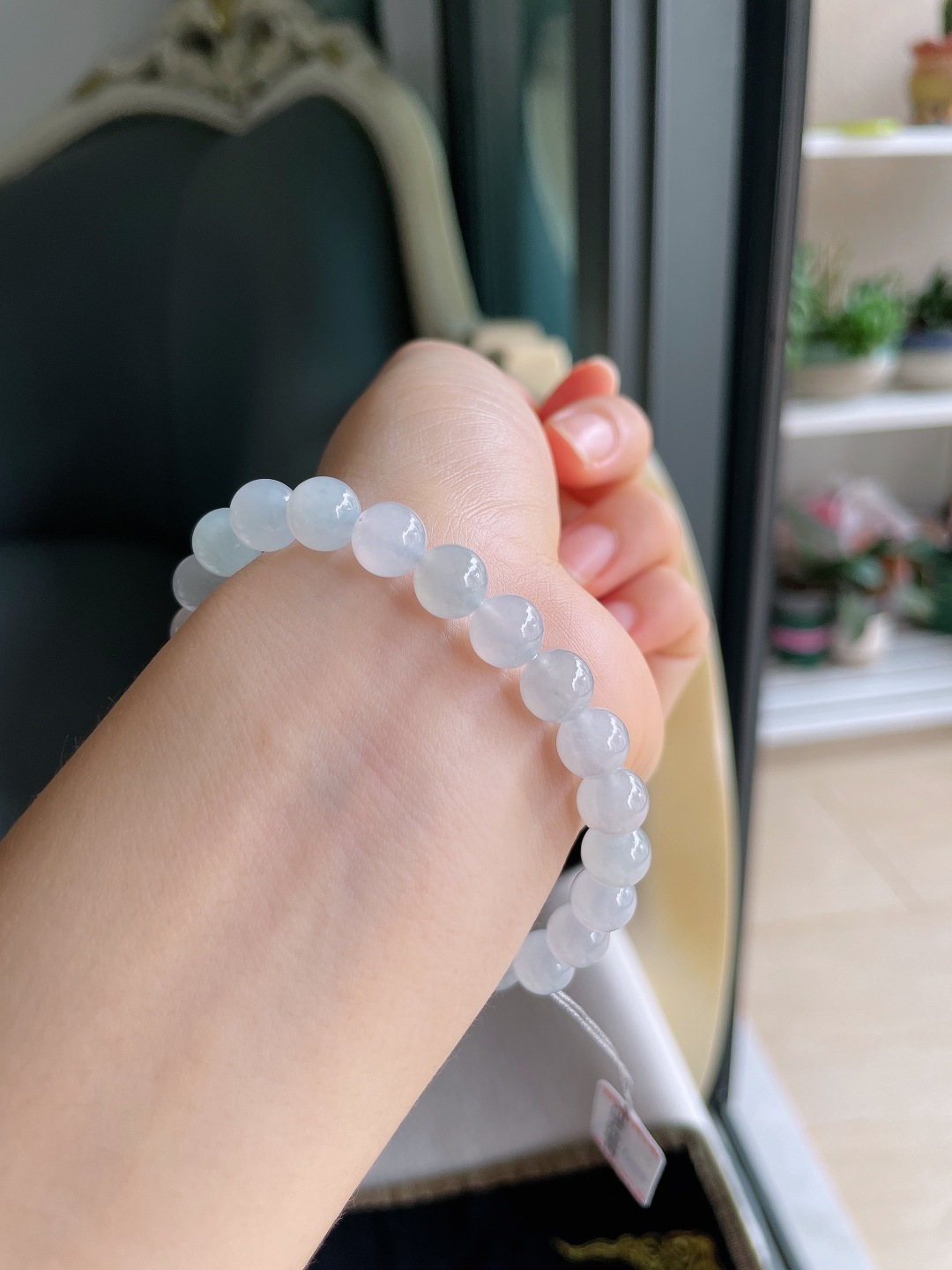 ️，缅甸天然翡翠A货，白冰手串，尺寸：8mm。【编4613】