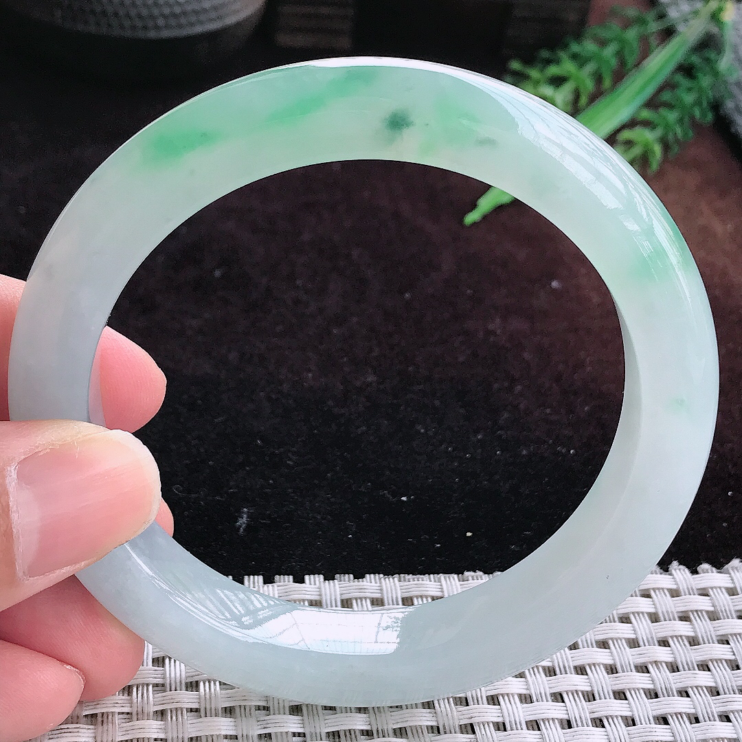 实拍A货翡翠60.5/11.5/9.5大圈口老坑冰润起胶飘绿手镯宽边玉镯平安镯