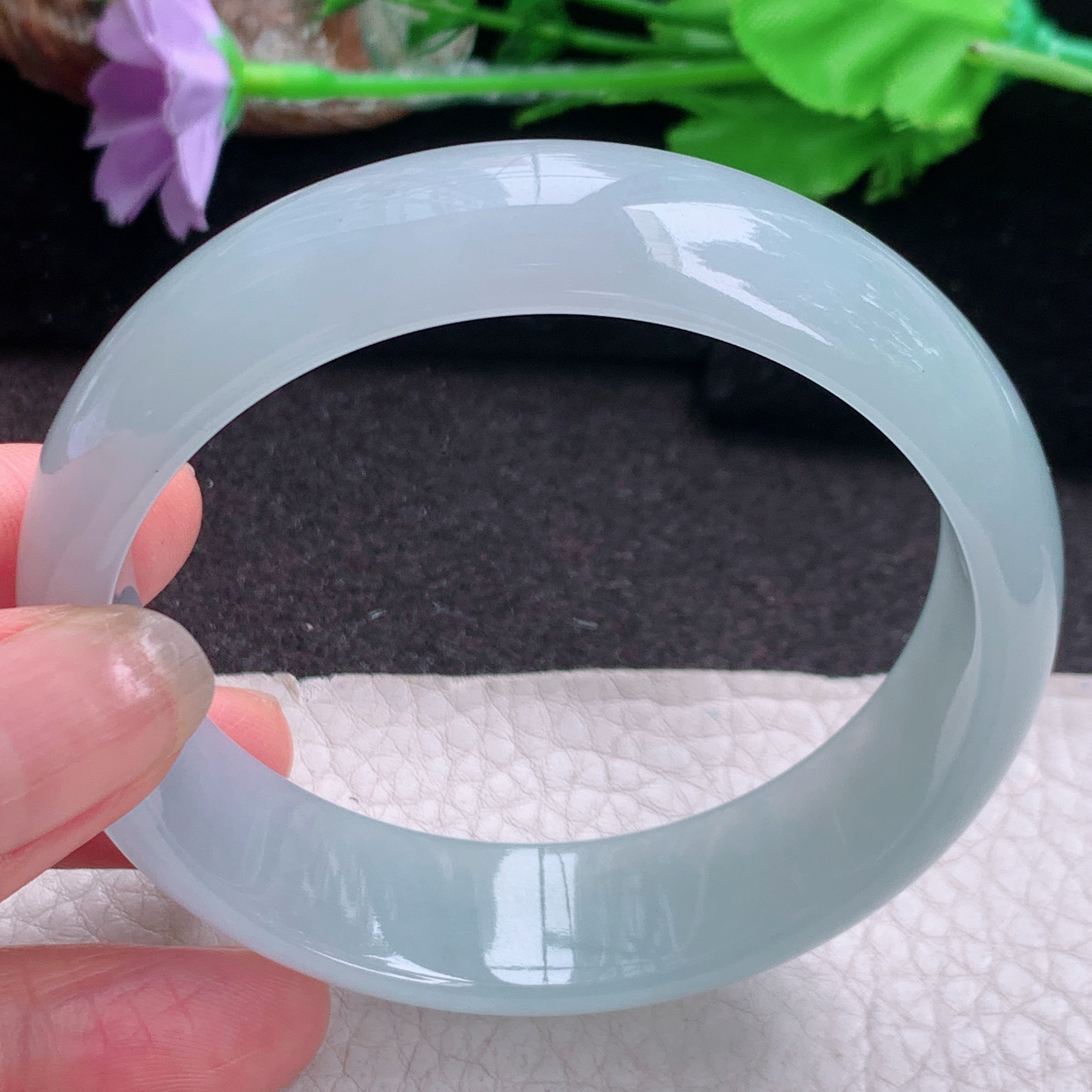 js大圈口60*16.8*7轮镯 缅甸翡翠a货高品质冰润蓝韵宽边玉手镯