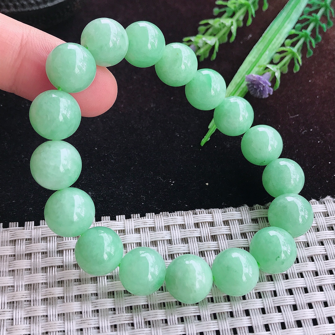 实拍A货翡翠12/17颗老坑温润满绿苹果绿圆珠手链女款翡翠玉珠手串