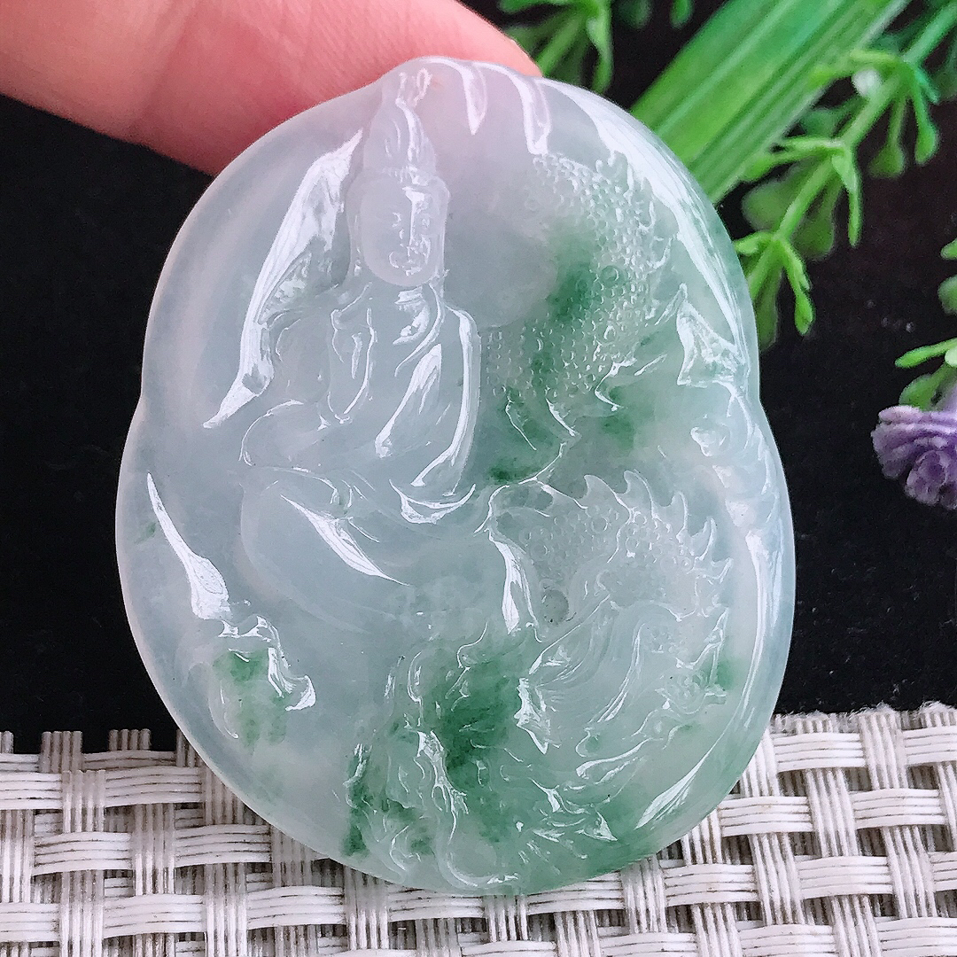实拍A货翡翠50.8/40.6/5.2老坑冰胶果冻飘蓝花御龙观音吊坠翡翠玉观音