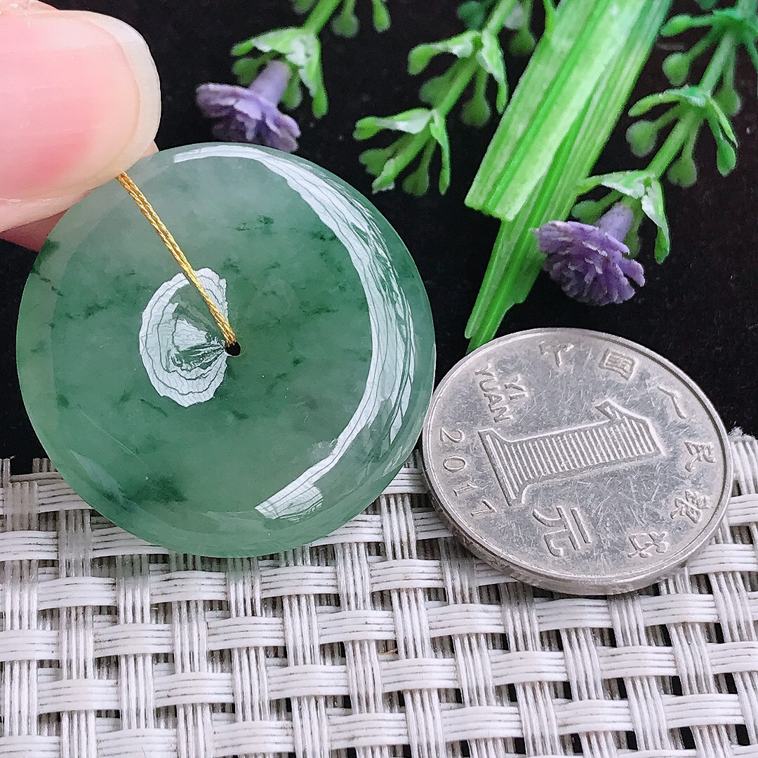 实拍A货翡翠32.2/6老坑冰胶果冻晴底飘花平安扣吊坠翡翠玉坠挂件