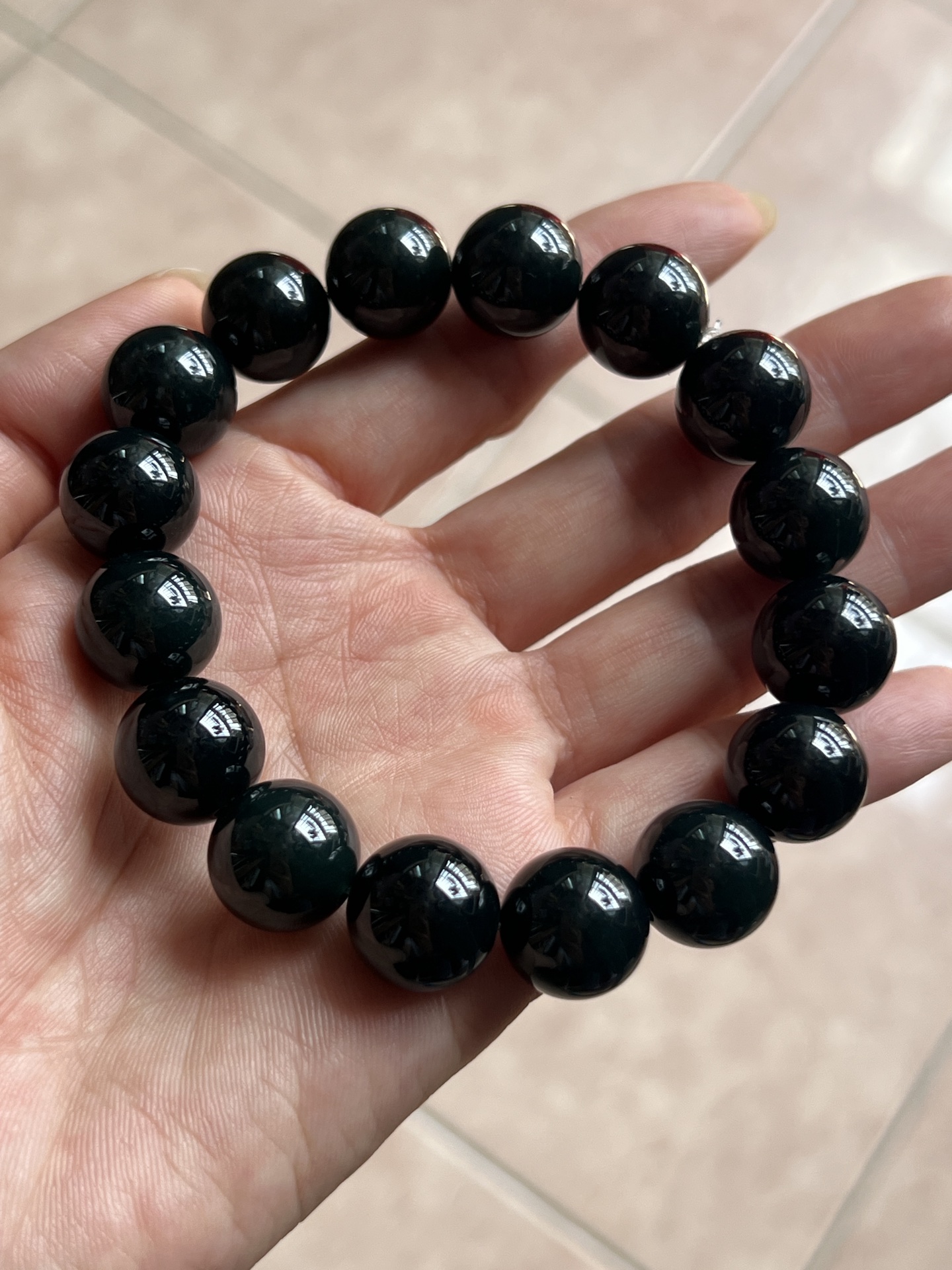 ️ 9.5 墨翠手链14mm 乌黑油亮 质地细腻 水头极好