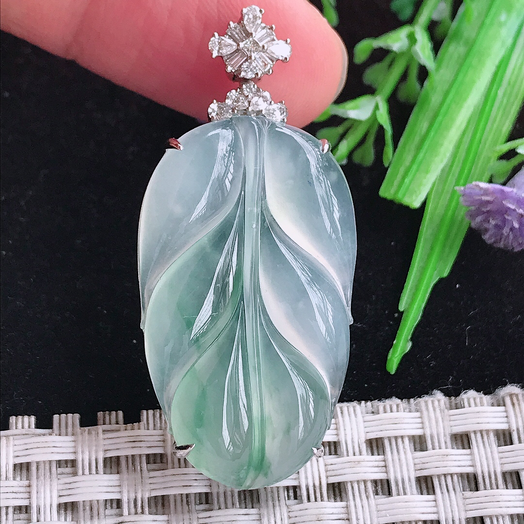 实拍A货翡翠43.6/20/7.5老坑18k金镶嵌冰种冰飘花叶子吊坠金枝玉叶挂件