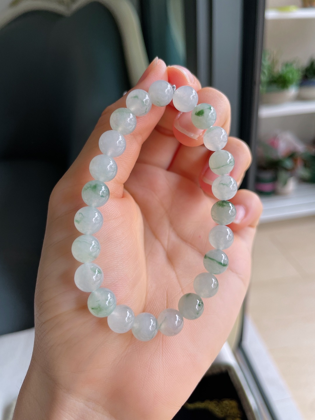️，缅甸天然翡翠A货，冰飘花手串，尺寸：8mm。【编4617】