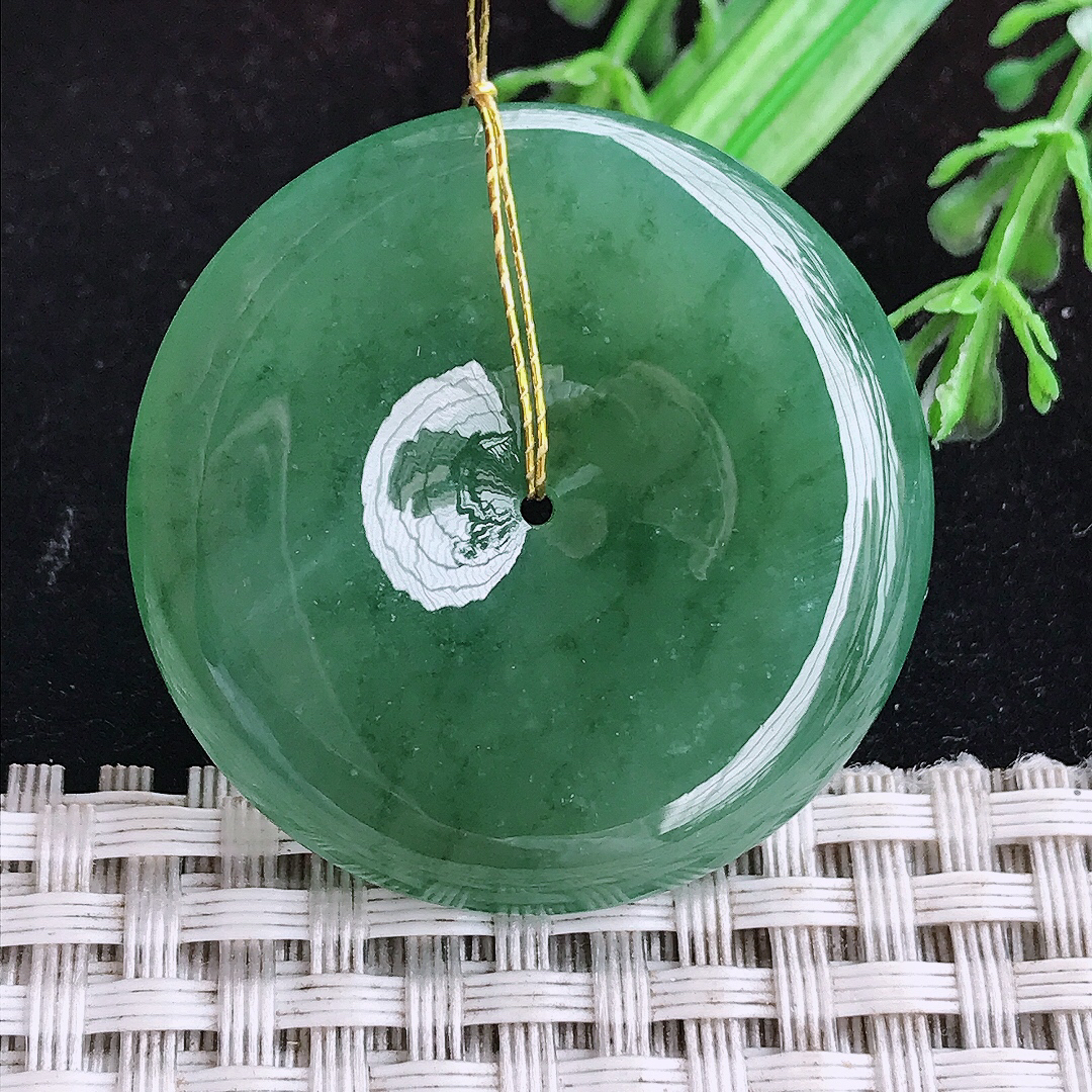 实拍A货翡翠36.3/6.3老坑冰润起胶满绿平安扣吊坠翡翠玉坠