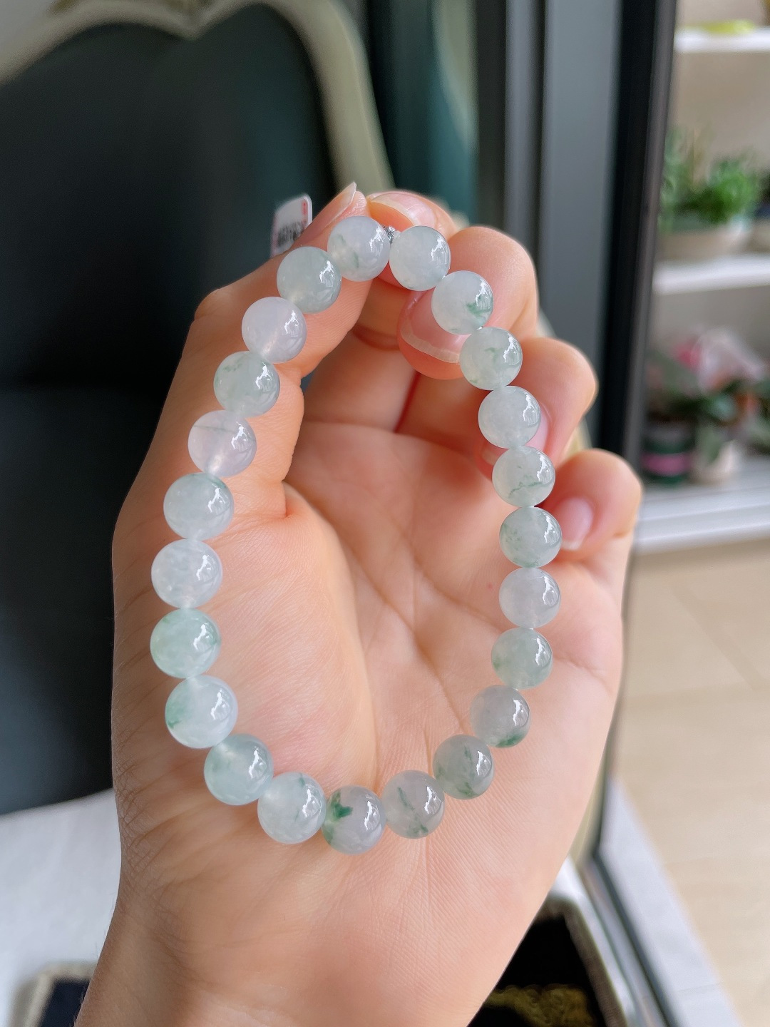 ️，缅甸天然翡翠A货，冰飘花手串，尺寸：8mm。【编4616】