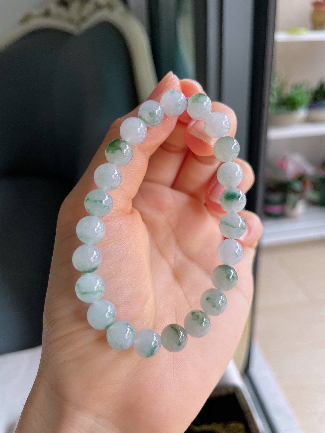 ️，缅甸天然翡翠A货，冰飘花手串，尺寸：8mm。【编4615】