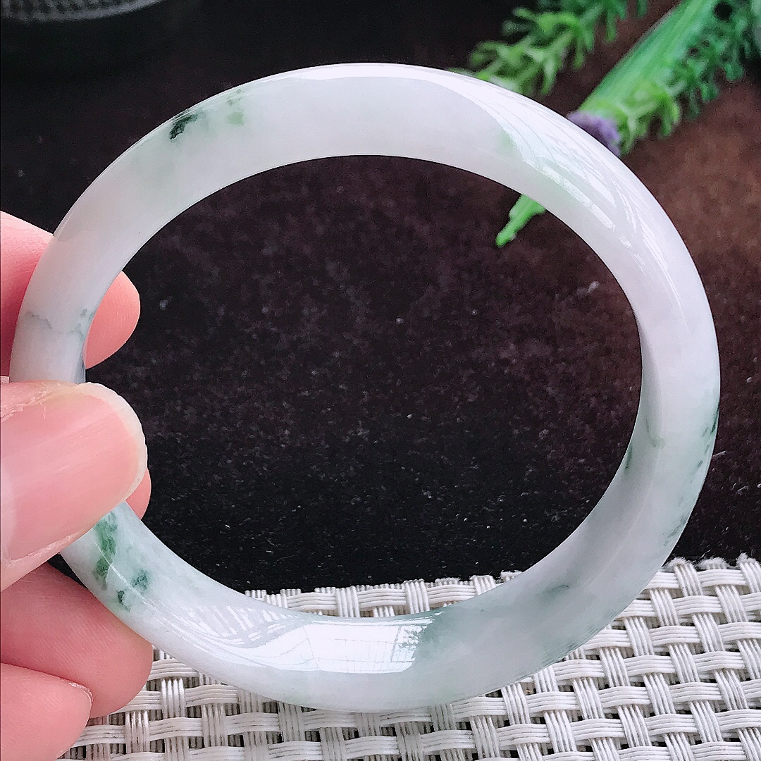 实拍A货翡翠57/13.2/7老坑温润飘花手镯宽边玉镯平安镯