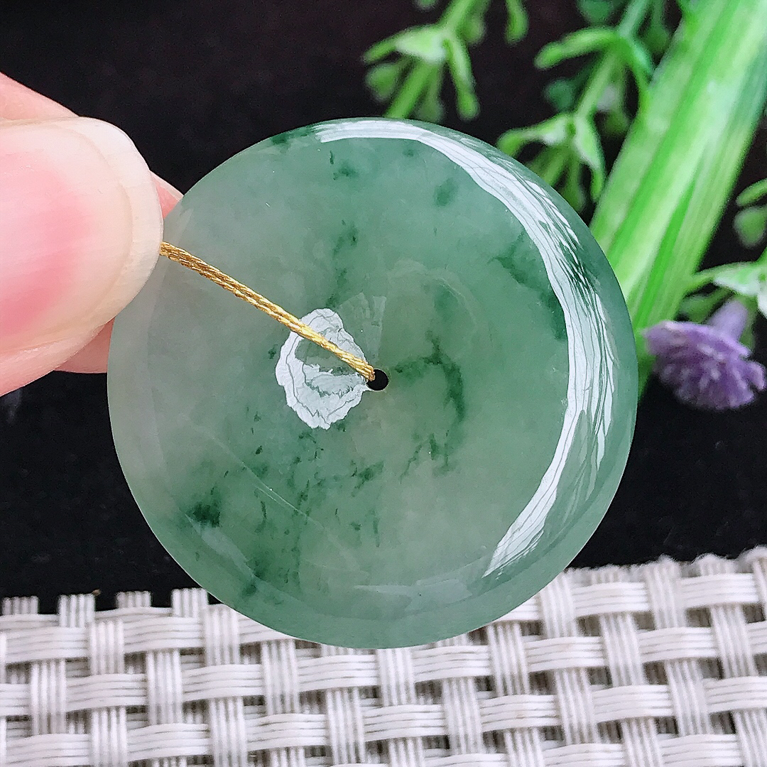 实拍A货翡翠32.2/6老坑冰胶果冻晴底飘花平安扣吊坠翡翠玉坠挂件
