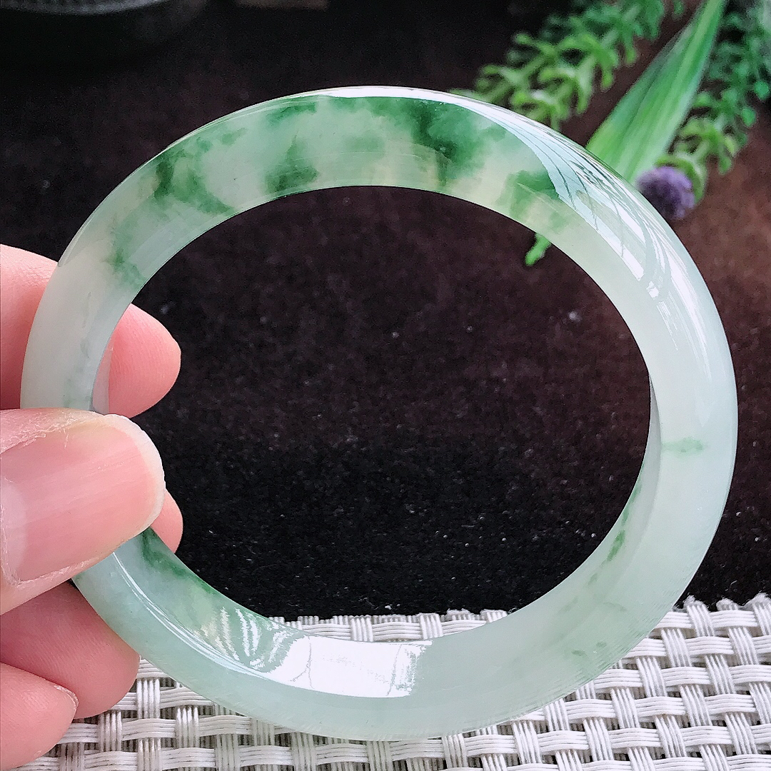 实拍A货翡翠56.5/12.1/8.2老坑冰透果冻胶冰飘花手镯宽边玉镯平安镯
