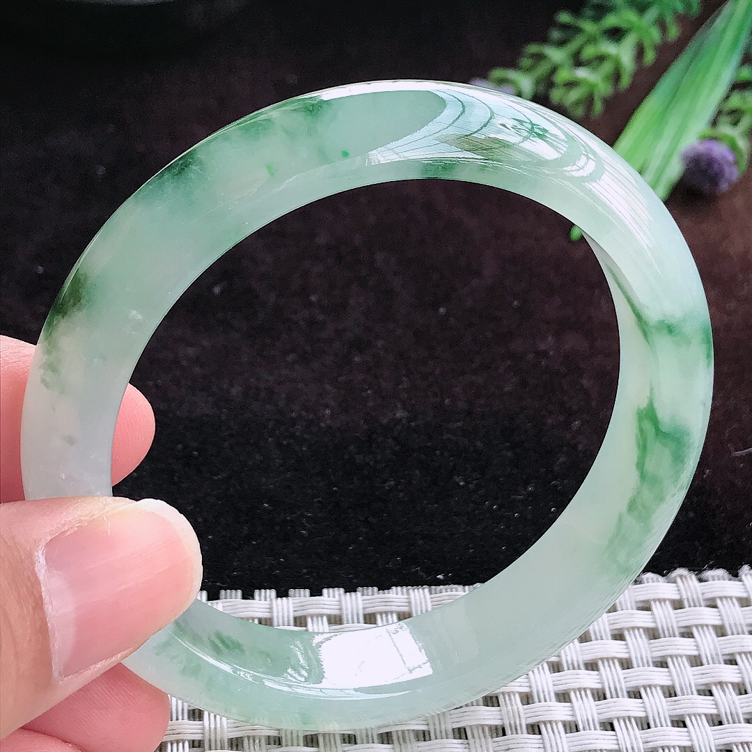 实拍A货翡翠56.5/12.1/8.2老坑冰透果冻胶冰飘花手镯宽边玉镯平安镯