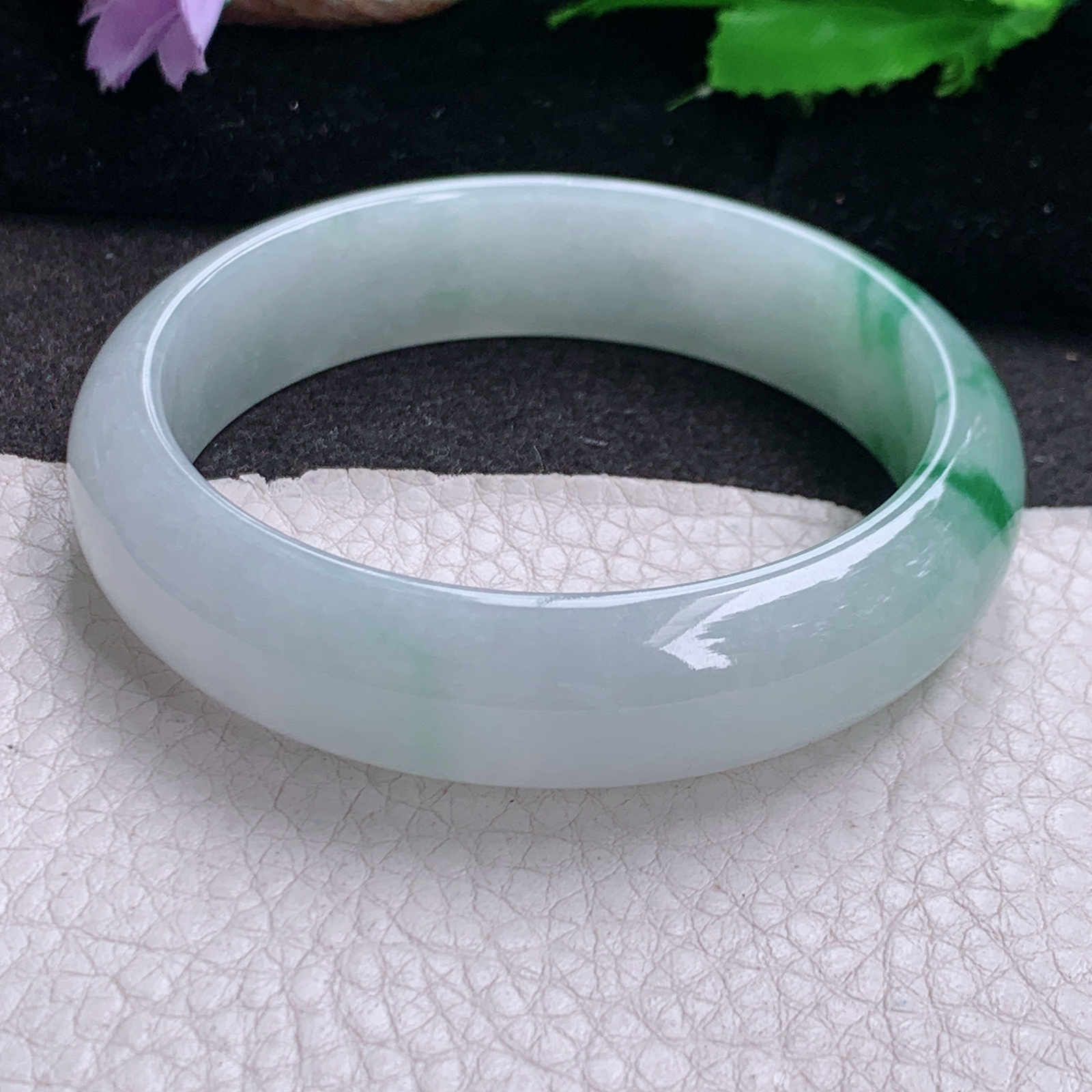 ee自然光58*15.2*7.6轮胎镯 缅甸翡翠a货高品质冰飘绿花宽边玉手镯
