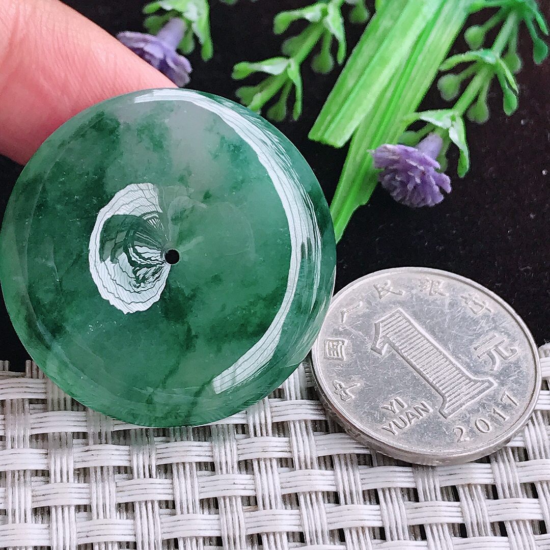 实拍A货翡翠34.9/6.2老坑冰胶果冻冰飘花大平安扣吊坠翡翠玉扣挂件