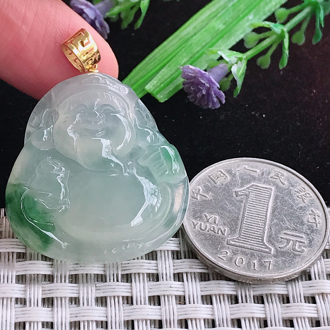 实拍A货翡翠31/29.7/6.3老坑18k金镶嵌冰胶飘绿财神爷吊坠翡翠玉坠