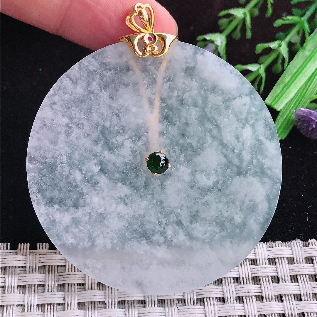 实拍A货翡翠54.5/3老坑18k金镶嵌雪花棉白冰平安扣吊坠翡翠玉坠圆牌