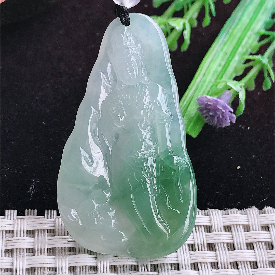 实拍A货翡翠48.7/28.3/5.6老坑冰胶飘绿赐福观音吊坠翡翠玉坠
