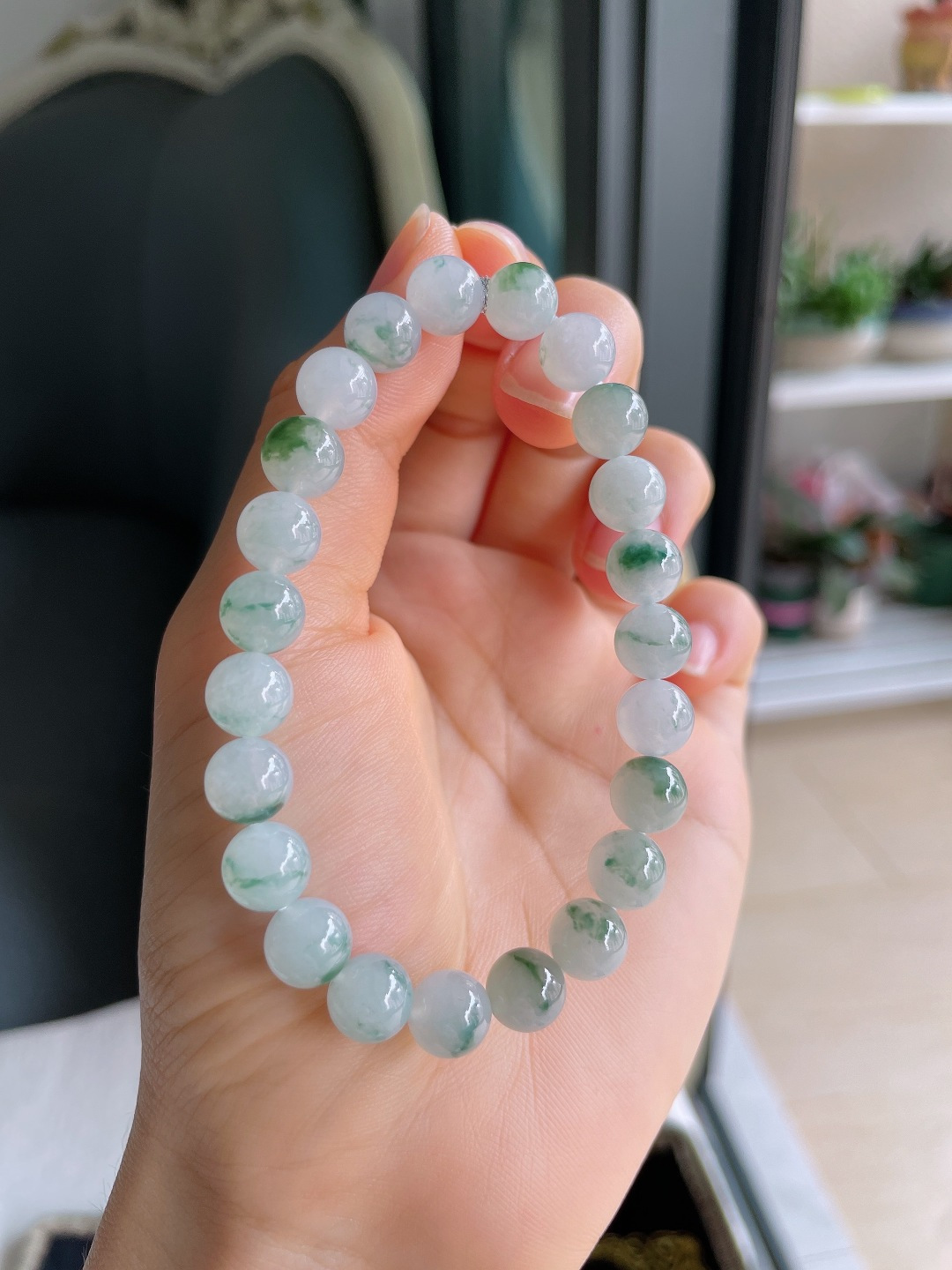 ️，缅甸天然翡翠A货，冰飘花手串，尺寸：8mm。【编4615】