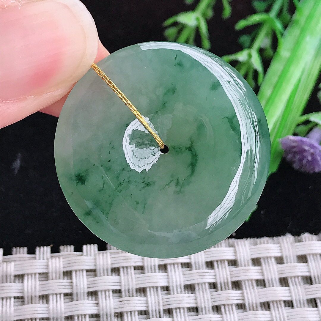 实拍A货翡翠32.2/6老坑冰胶果冻晴底飘花平安扣吊坠翡翠玉坠挂件