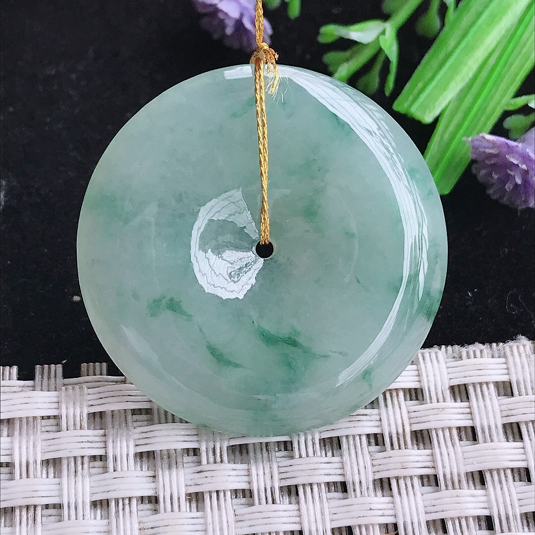 实拍A货翡翠33.2/5.7老坑冰润起胶飘花平安扣吊坠翡翠玉坠挂件