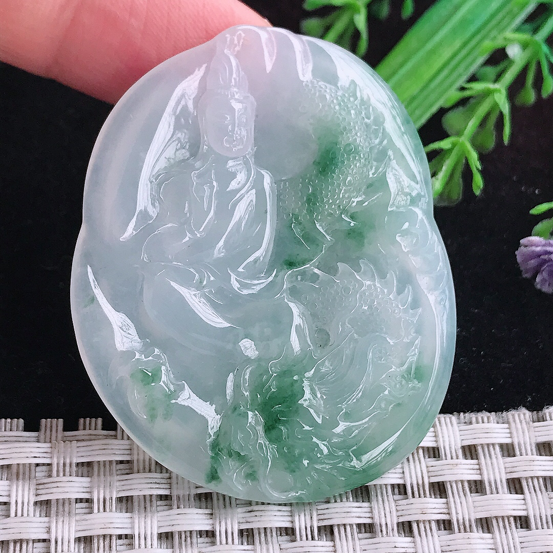 实拍A货翡翠50.8/40.6/5.2老坑冰胶果冻飘蓝花御龙观音吊坠翡翠玉观音
