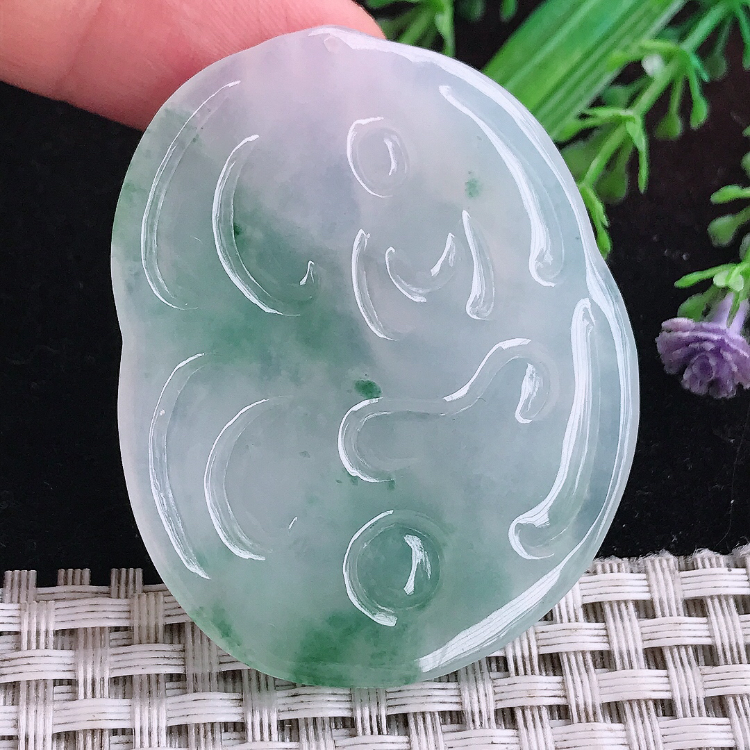 实拍A货翡翠50.8/40.6/5.2老坑冰胶果冻飘蓝花御龙观音吊坠翡翠玉观音