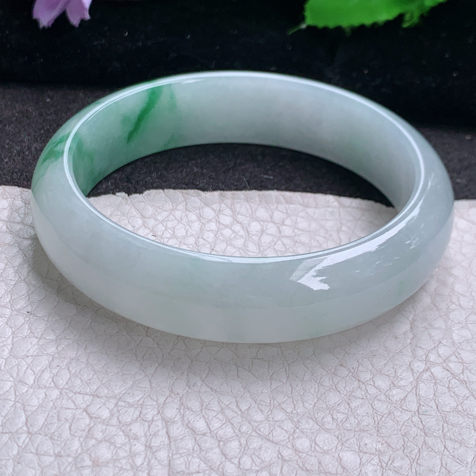 ee自然光58*15.2*7.6轮胎镯 缅甸翡翠a货高品质冰飘绿花宽边玉手镯