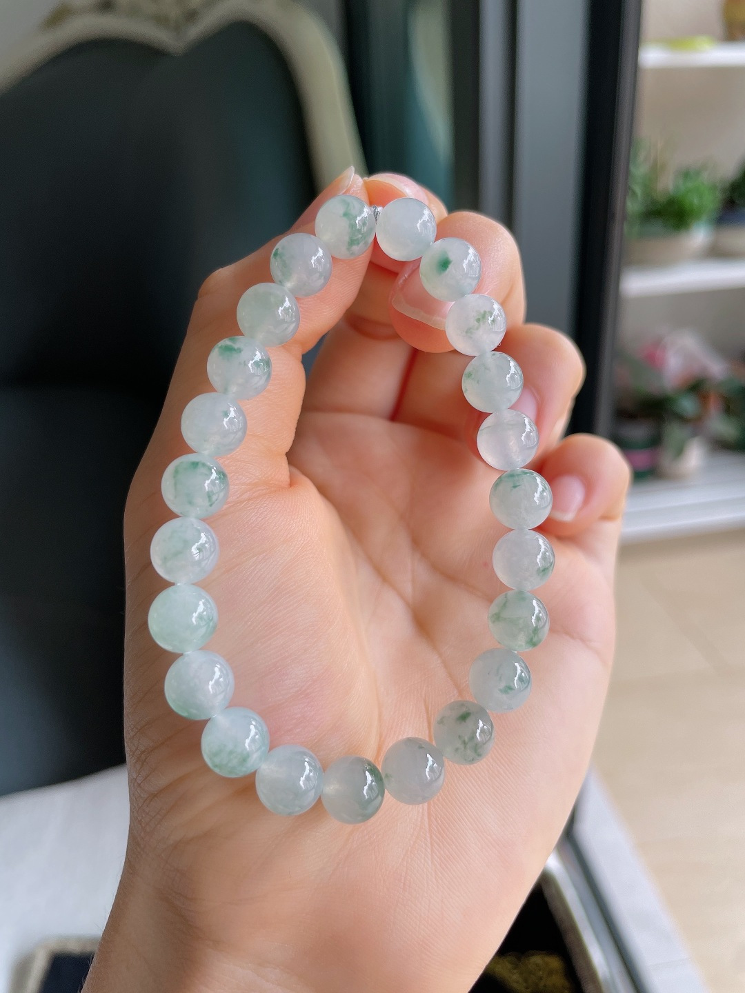 ️，缅甸天然翡翠A货，冰飘花手串，尺寸：8mm。【编4616】