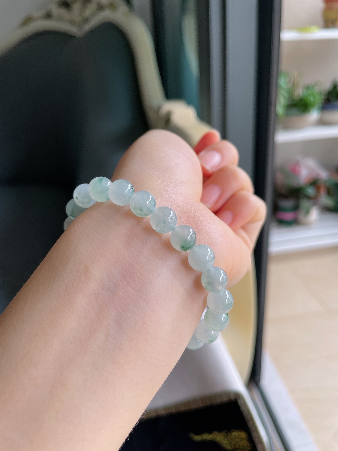 ️，缅甸天然翡翠A货，冰飘花手串，尺寸：8mm。【编4616】