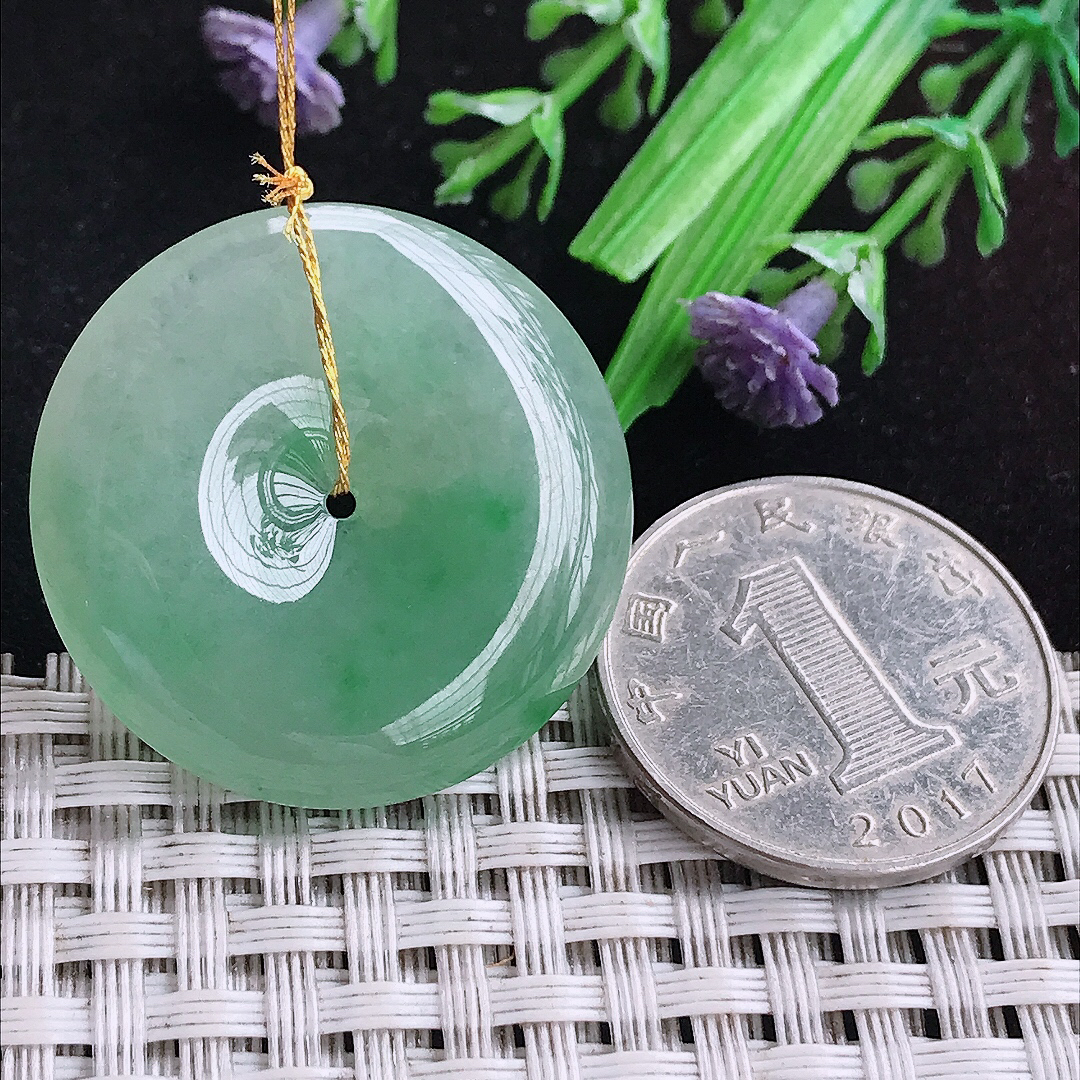实拍A货翡翠30.6/5.7老坑冰润起胶冰晴绿平安扣吊坠翡翠玉坠挂件