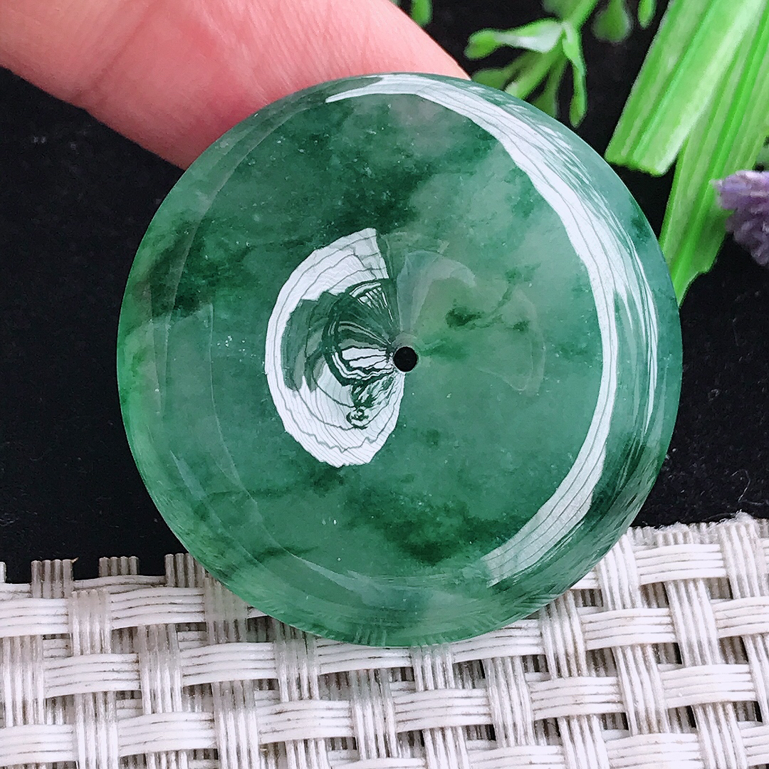 实拍A货翡翠34.9/6.2老坑冰胶果冻冰飘花大平安扣吊坠翡翠玉扣挂件